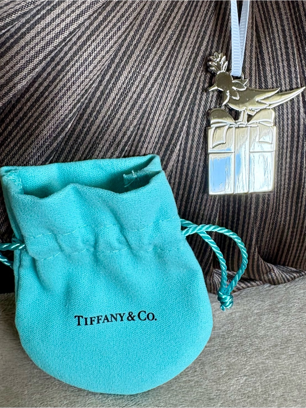 Authentic Tiffany & Co. Silver Bird on Gift Box Ornament with Blue Ribbon, NEW!